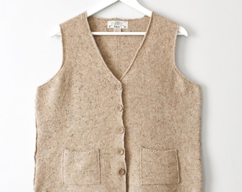 Vintage Boxy Wool Knit Vest, 90s Oatmeal Beige Sleeveless Sweater, L