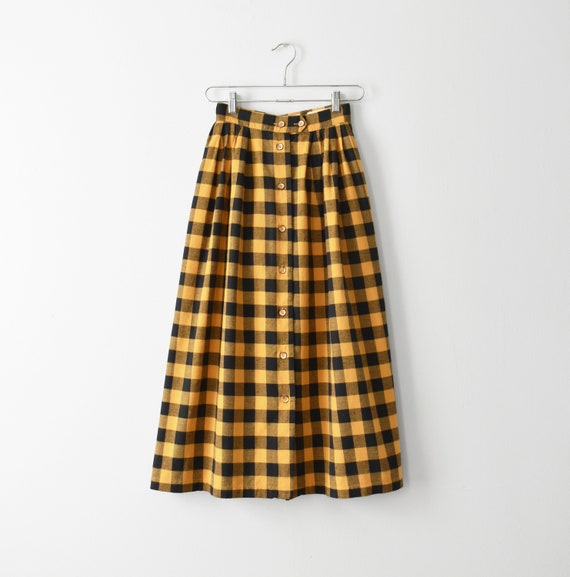 vintage plaid midi skirt, mustard check print butt