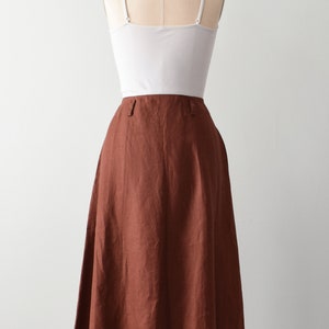 vintage linen button front skirt, 90s rust midi skirt with pockets image 4