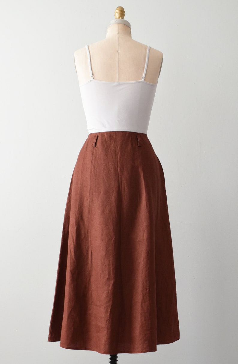 vintage linen button front skirt, 90s rust midi skirt with pockets image 4