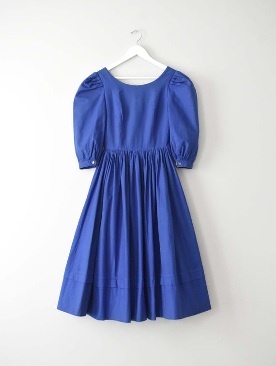 cobalt blue puff sleeve dress Vintage Laura Ashley Dress, Cotton supplier-sidi neck detailing INSPIRE CHIC Women's Tie Size:4X-LARGE