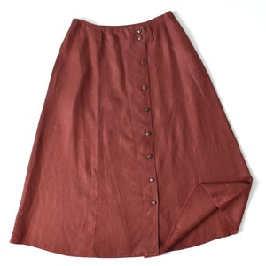 vintage linen button front skirt, 90s rust midi skirt with pockets image 6