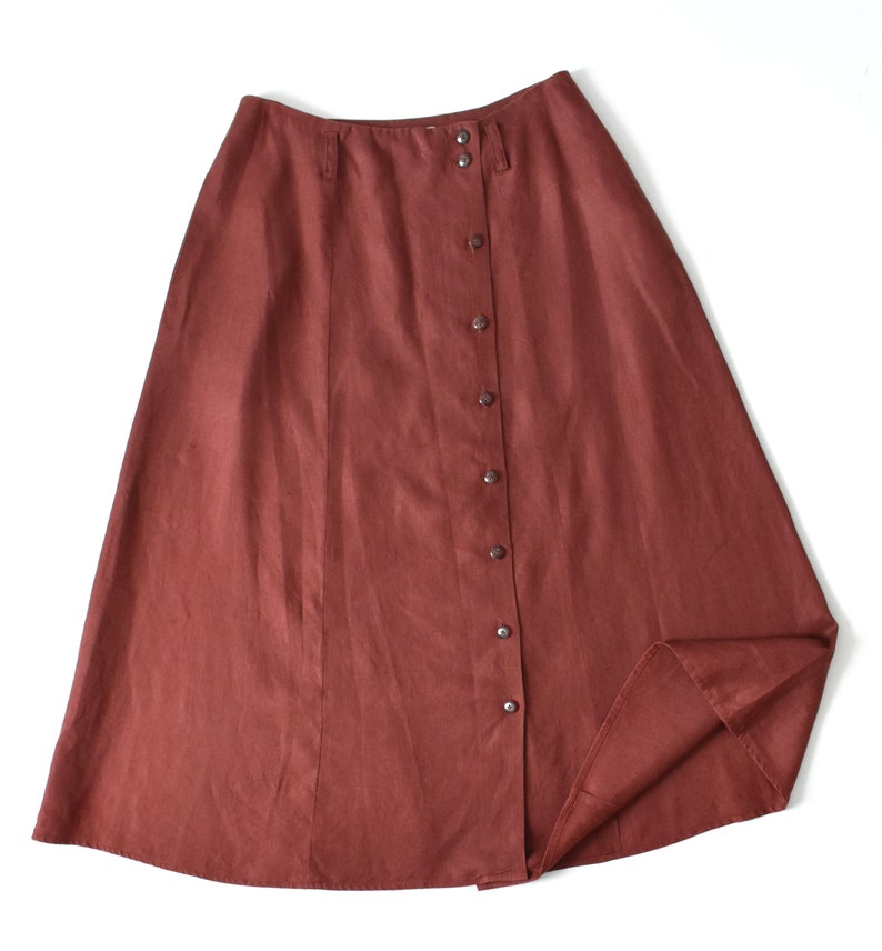 vintage linen button front skirt, 90s rust midi skirt with pockets image 6