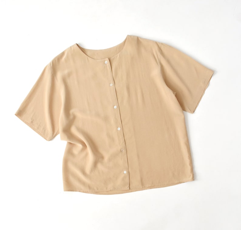 vintage beige silk shirt, 90s collarless blouse image 1