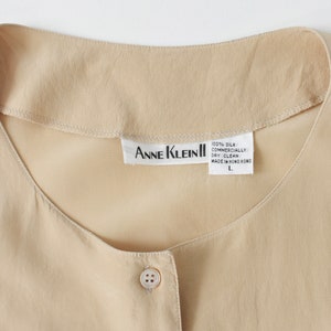 vintage beige silk shirt, 90s collarless blouse image 2