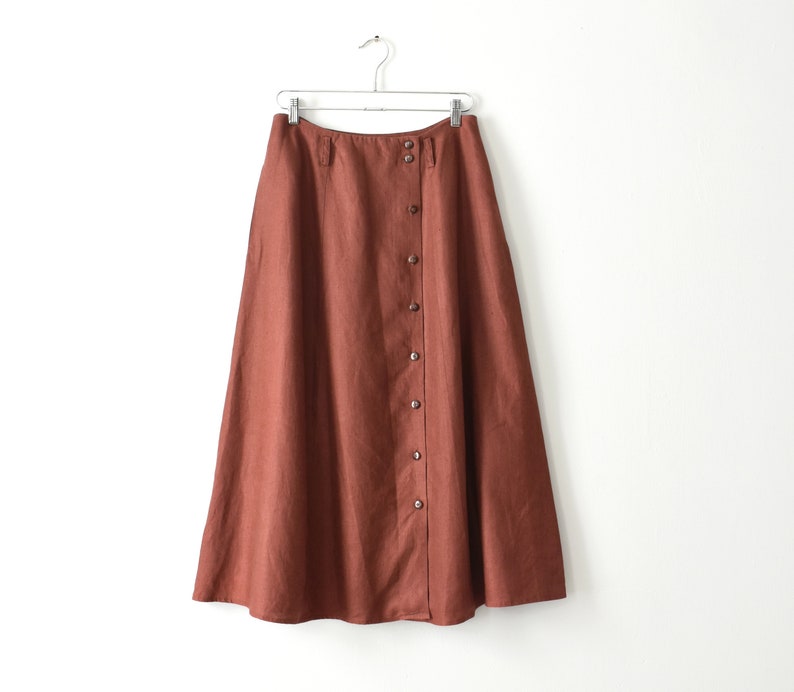 vintage linen button front skirt, 90s rust midi skirt with pockets image 1