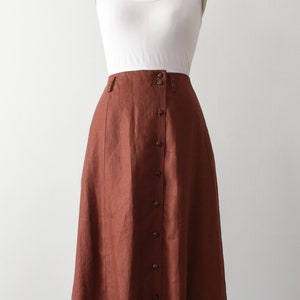 vintage linen button front skirt, 90s rust midi skirt with pockets image 2