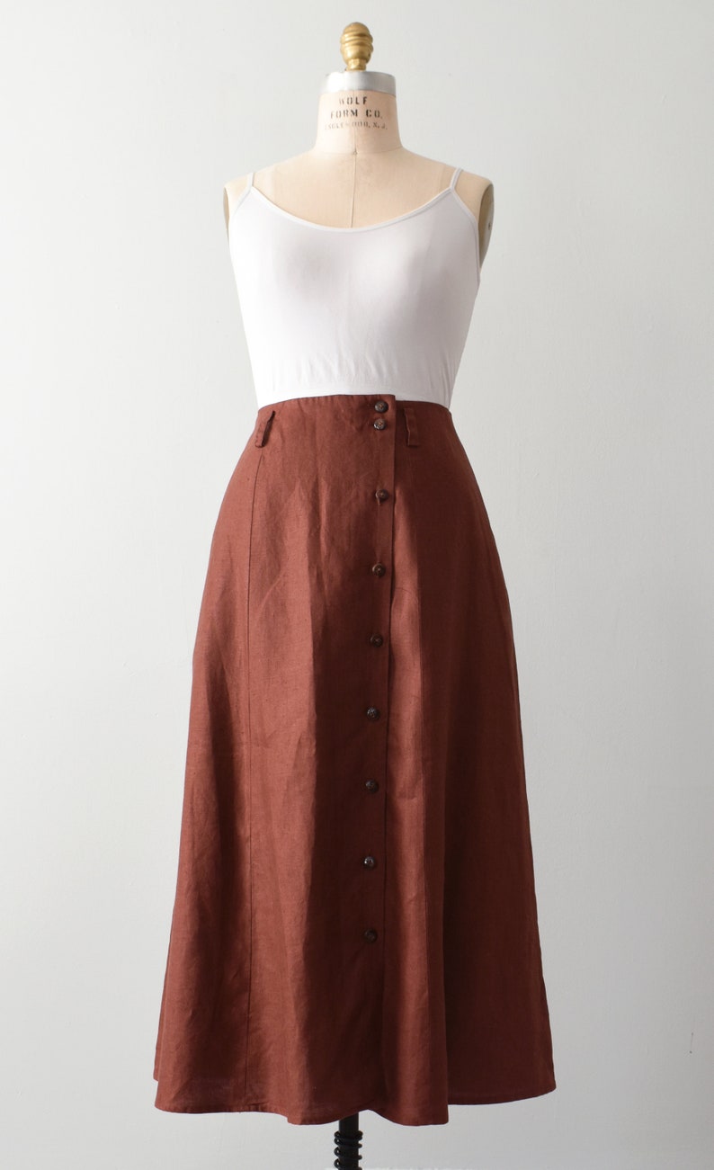 vintage linen button front skirt, 90s rust midi skirt with pockets image 2