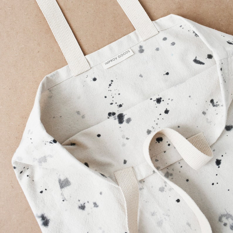 recycled drop cloth tote bag, oversized canvas bag, black & white splatter paint image 5