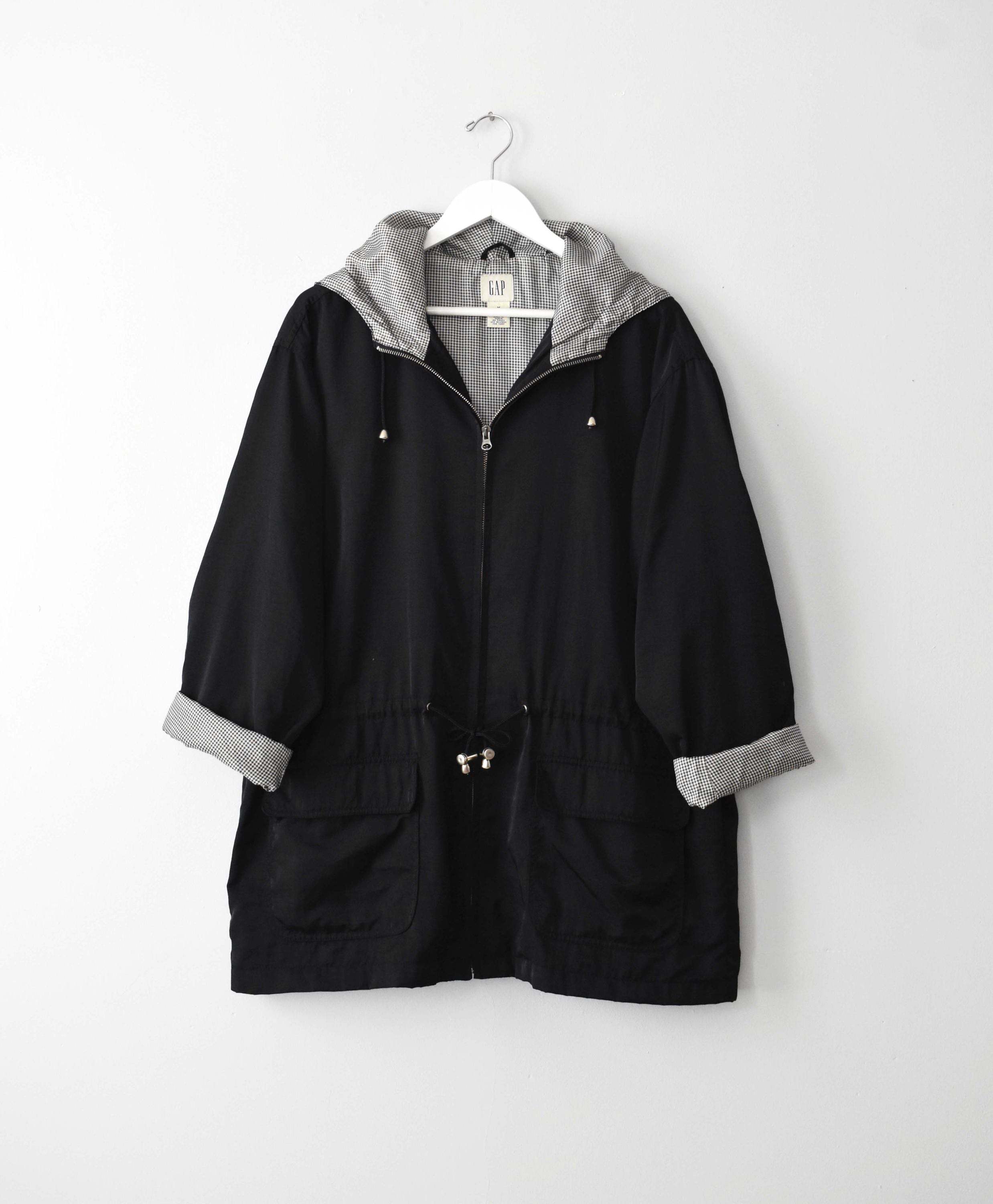 Vintage GAP Black Nylon Jacket With Gingham Lining, 90s Hooded Zip