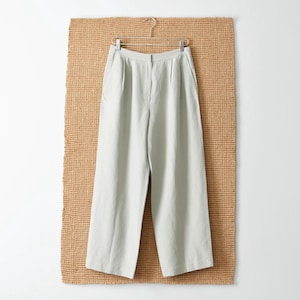 Vintage Silk Linen Blend Pale Green Trousers, 90s High Waisted Pants, L