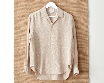 vintage 90s silk blouse, beige zig zag print shirt, size m