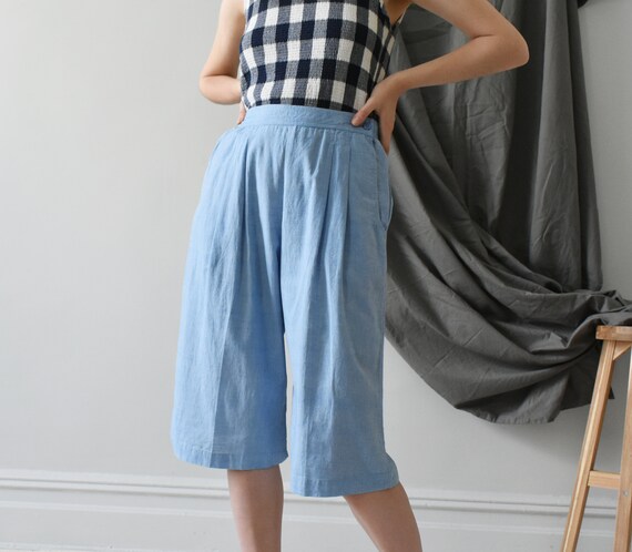 vintage chambray knee length shorts, cotton pedal