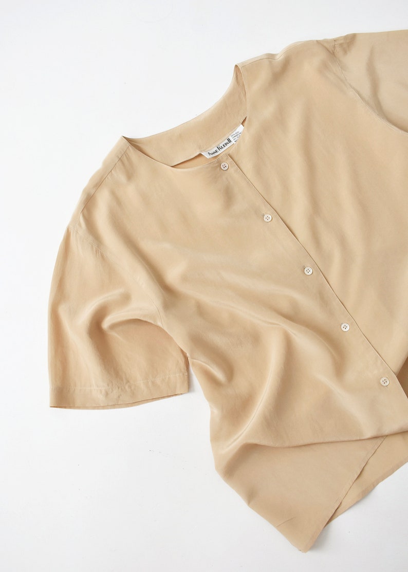 vintage beige silk shirt, 90s collarless blouse image 6