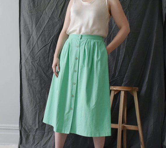 vintage mint green button front midi skirt, size M