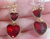 Invisible Clip On VALENTINE Earrings , 1.25 quot Drop Dangle, Red Heart Rhinestones, Gold or Silver Tone, Non-Pierced or Pierced
