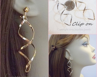 CLIP-ON 2-1/2" SPIRAL Long Dangle Non-Pierced Earrings Gold or Silver Tone, 1 Pair, Available for Pierced Ears