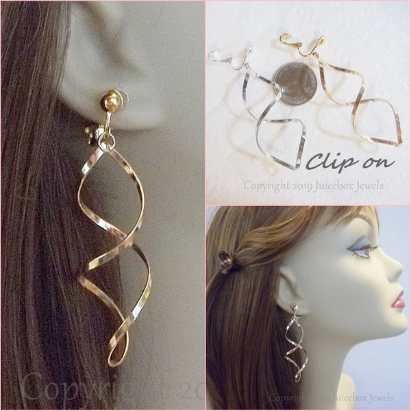 CLIP-ON 2-1/2" SPIRAL Long Dangle Non-Pierced Earrings Gold or Silver Tone, 1 Pair, Available for Pierced Ears