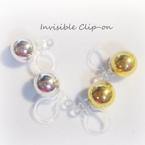 Invisible Clip-on 8mm Ball Stud, Gold or Silver Color ,1 Pair, Non-Pierced Earrings, Hypoallergenic, Plastic No Metal Y41