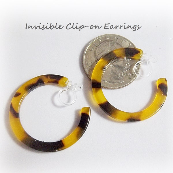 Invisible Clip On, 1-1/8" Tortoise Shell Resin Acetate Open Hoop Earrings ,Non-Pierced, Trendy Y544