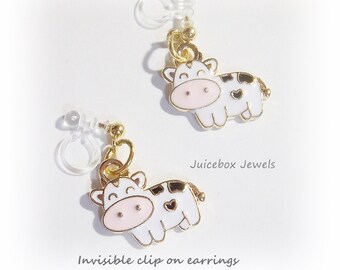 Invisible Clip On, Cartoon Cow Charm Earrings, Gold Tone Non-Pierced Plastic Clip Dangle Drop Fun Enamel Earrings, Women Girls  Y621