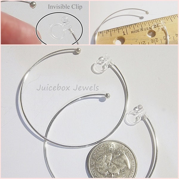 Invisible Clip On, 2-1/4 inch HOOP, Silver Plated Steel, Plain,Thin ,Non-Pierced, Made to Order, Illusion Fashion Earrings Y461