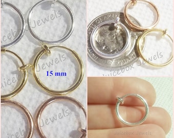 15mm Clip on Gold/Silver/Rose Gold Plated Spring Action Fake HOOP Non-Pierced,Pierced Look Earrings,Jewelry Finding,Clip Component,1 pr