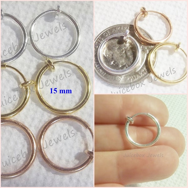 15mm Clip on Gold/Silver/Rose Gold Plated Spring Action Fake HOOP Non-Pierced,Pierced Look Earrings,Jewelry Finding,Clip Component,1 pr