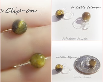 Invisible 6mm Natural Tiger Eye, Round Clip On Stud, Non-Pierced Earrings, Hypoallergenic , Handmade to Order Y583