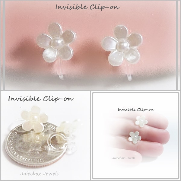 INVISIBLE Clip-on 11mm Cream Flower Stud Non-Pierced Floral Earring, No Metal, Plastic Clip, 1 Pair #Y693