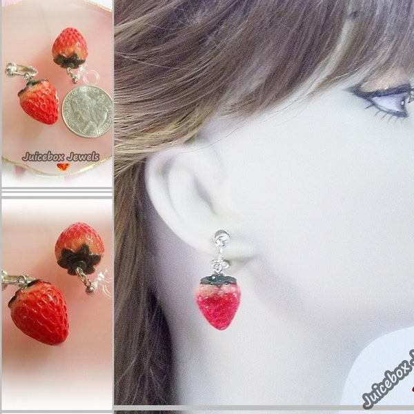 Invisible Clip On, Red 3D Strawberry Earrings, Non-Pierced Plastic Clip or Metal Clip or Pierced, Fruit, Food, Fun Realistic, 1 Pair  Y712