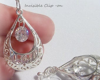 Invisible Clip-on Filigree Teardrop 7mm Cubic Zirconia CZ Silver Plated Non-Pierced Dangle Drop Earrings  Y649