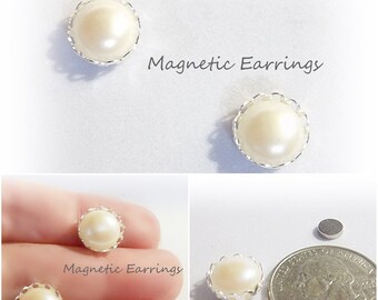 MAGNETIC 11mm Vintage Faux Cream Pearl Button Stud Clip Lace Setting Earrings 1 Pair Non-Pierced or Pierced Earrings #M249
