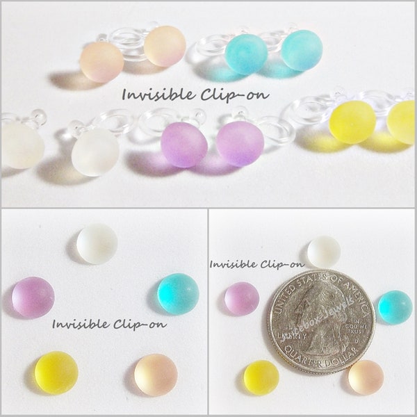 Invisible Plastic Clip 8mm Frosted Resin Dome Half Round Stud Earrings, 1 Pair, Pierced Post or Non-Pierced Y703