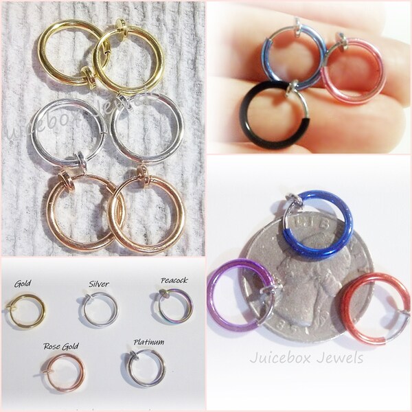 13mm Clip on,1 Pair, Choose Gold,Silver, Rose, Platinum, Peacock, Black, Blue, Pink, Red, Violet, Blue Spring Fake HOOP Non-Pierced Earrings