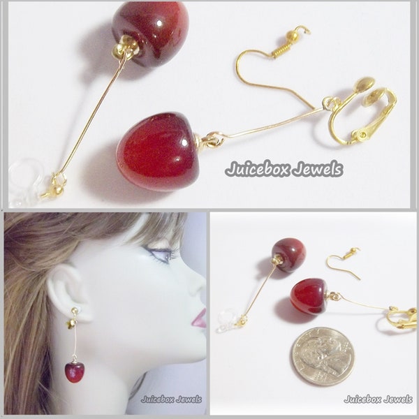 Red 3D Cherry Resin Earrings, Clip Non-Pierced or Pierced, Fruit, Food, Fun Realistic, 1 Pair  C60