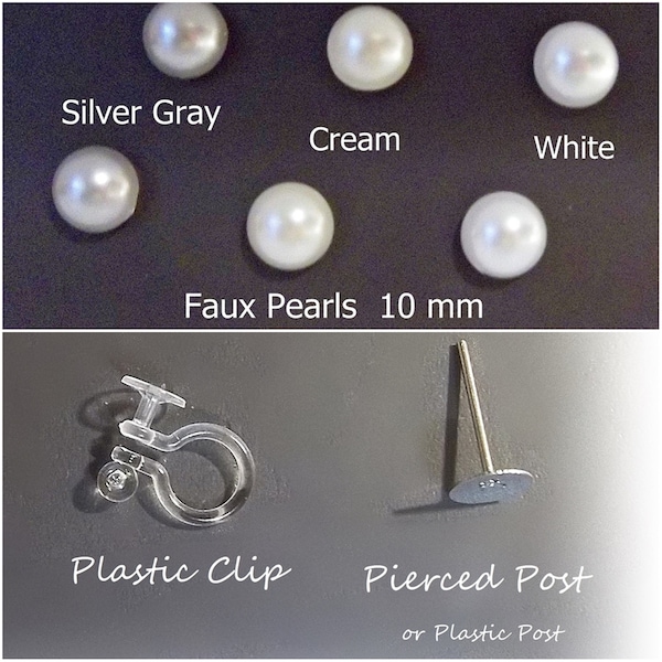 Invisible Plastic Clip or Post, Faux Pearl 10mm Button Dome Stud, Non-Pierced or Pierced Earrings, 1 Pair, Choose Color