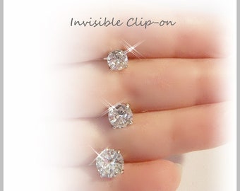 Invisible Clip-on Cubic Zirconia CZ 4-Prong Choose 6mm,7mm or 8mm, Silver Tone Illusion Plastic/Resin Stud Non-Pierced Earrings  Y671