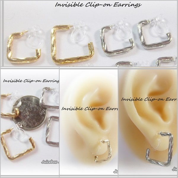 Invisible Clip-On, Square Small Hoop Earrings, Gold or Silver Tone Non-Pierced Plastic Clip, Open Hoop, 1 Pair  #C27