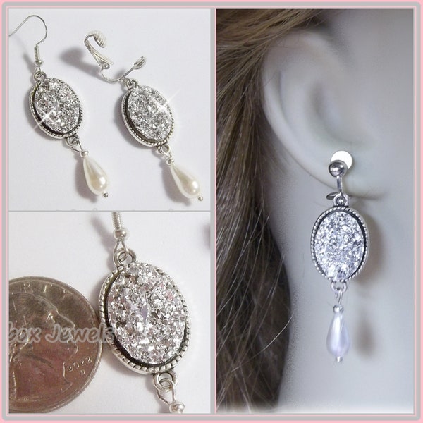 Silver Faux Druzy, White Faux Teardrop Pearls, 1-3/4 inch Dangle Earrings, Non-Pierced Clip or Pierced Fish Hook, 1 Pair, C80