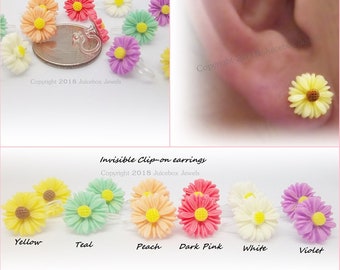 Invisible Clip or Post, 13mm Daisy Flower Stud Non-Pierced Earrings, No Metal Hypoallergenic, 1 Pair  Y400