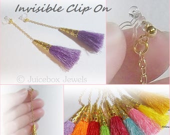 Invisible Illusion Clip On, 3-1/4 inch Tassel Dangle,Non-Pierced Handmade Gold Tone Long Chain Earrings, 1 Pair, Choose Color