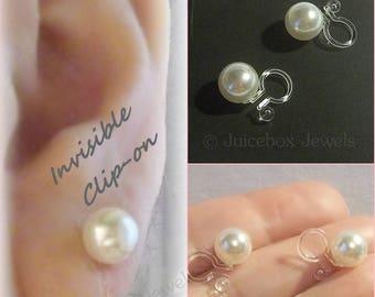 Invisible Clip-on 8mm White Faux Pearls, Round Stud, Non-Pierced Earrings, No Metal, Plastic Clip, hypoallergenic, Bridal Wedding Y187