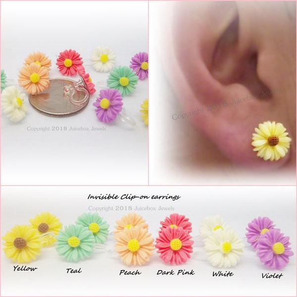 Invisible Clip or Post, 13mm Daisy Flower Stud Non-Pierced Earrings, No Metal Hypoallergenic, 1 Pair  Y400