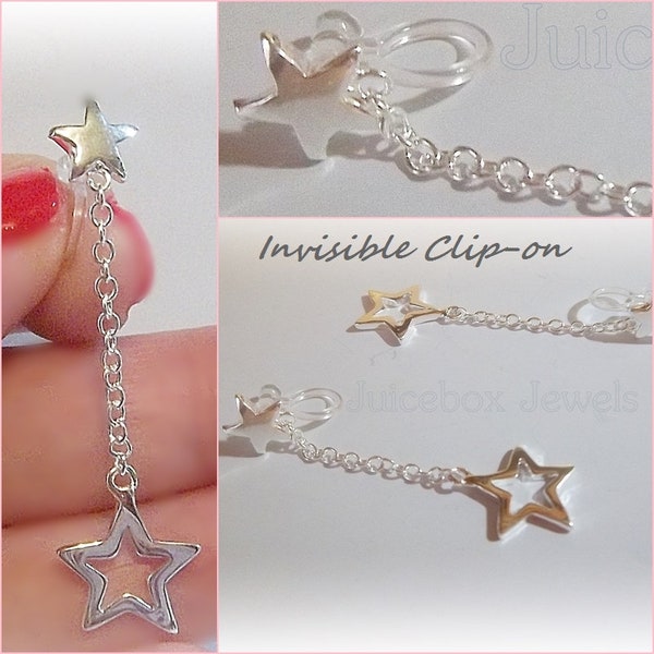 Invisible Clip On Earrings,STARS, .925 Silver Plated, 1.5" drop size, Non-Pierced, Plastic Clip, Double Stars, Chain Drop Y319