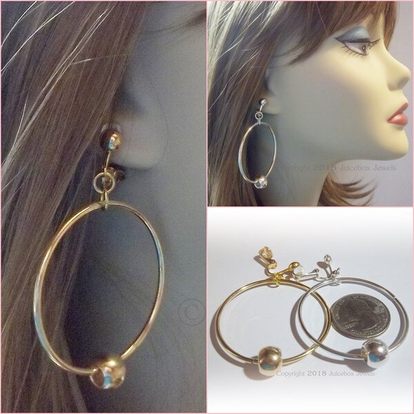 CLIP ON 1-3/4" HOOP with Bead Gold or Silver Tone, Non-Pierced Thin Lightweight Fashion Trendy Earrings, 1 Pair