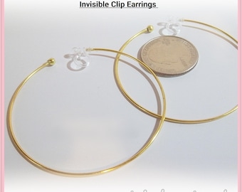 Invisible Clip On, 2-1/4 inch HOOP, Gold Plated Steel, Plain,Thin ,Non-Pierced, Made to Order, Illusion Fashion Earrings Y312