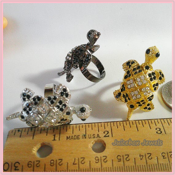 Vintage Turtle Rhinestone Adjustable Statement Ri… - image 2