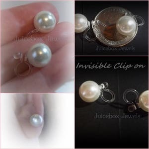 Invisible Illusion 10 mm Faux White Pearls,Round Clip On Stud, Non-Pierced Earrings,Lead,Nickel & Cadmium Free,Hypoallergenic ,Handmade Y285 image 1