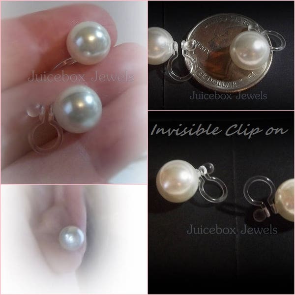 Invisible Illusion 10 mm Faux White Pearls,Round Clip On Stud, Non-Pierced Earrings,Lead,Nickel & Cadmium Free,Hypoallergenic ,Handmade Y285
